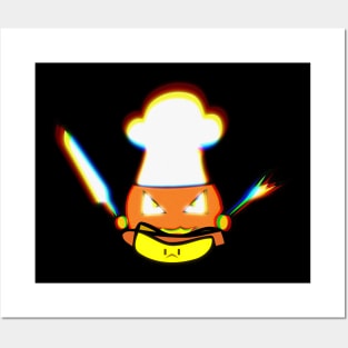 Jack O Lantern Chef Kawaii Hotdog Halloween Trick Or Treat Graphic Illustration Novelty Posters and Art